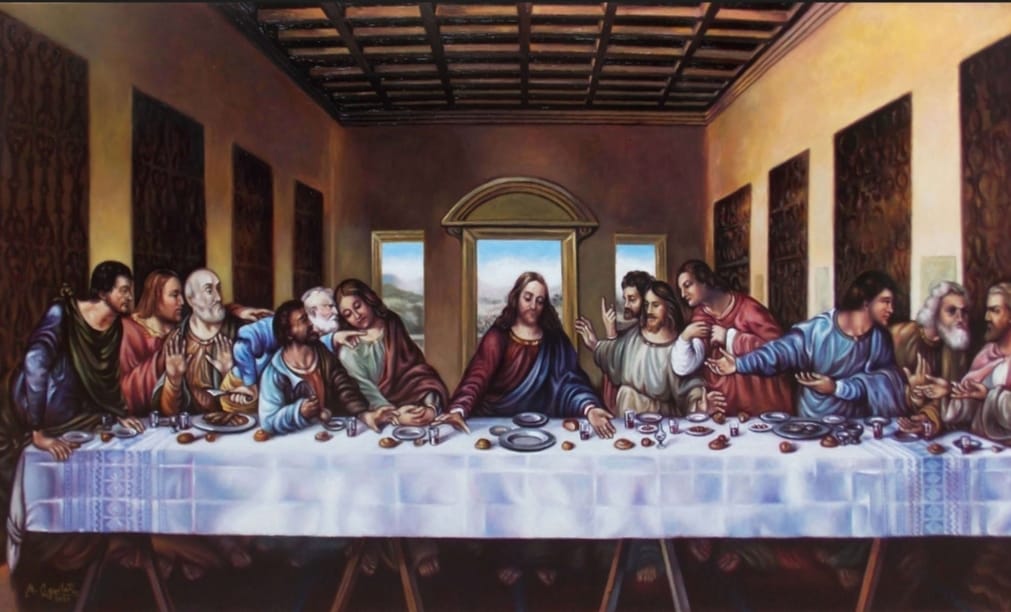 REPRODUCCIÓN DE "LA ÚLTIMA CENA" DE LEONARDO DA VINCI. ESTE ES EL ÓLEO MAS DIFÍCIL QUE HE PINTADO EN MI VIDA. TARDÉ UN AÑO. LAS REPRODUCCIONES DE PINTORES FAMOSOS SON TREMENDAMENTE COMPLICADAS. ES LIENZO DE GRANDES DIMENSIONES. ENCARGO
